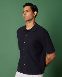 Navy Cotton Dobby Flat Knit Shirt