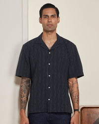 Navy Half-Sleeve Seersucker Striped Shirt