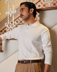 Signature Flat Knit Long Sleeve  Polo T-shirt - Ecru