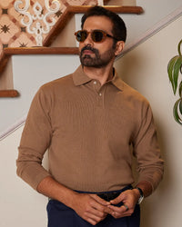 Signature Flat Knit Long Sleeve  Polo T-shirt - Dark Sand