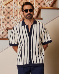 Navy & White Striped Flat Knit Shirt