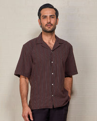 Brown Half-Sleeve Seersucker Striped Shirt