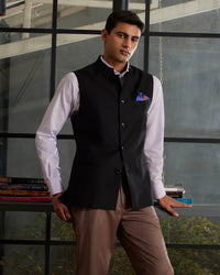 The Savoy Twill Nehru Jacket - Black