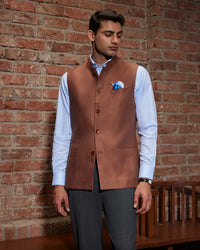 The Verona Linen Nehru Jacket  - Rust Brown
