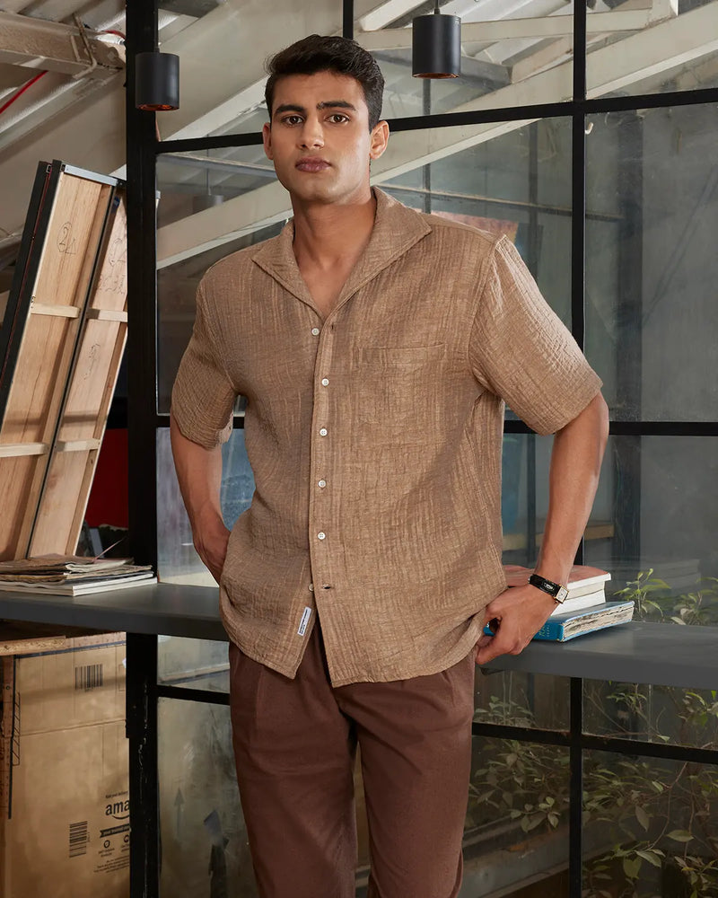 light brown dress shirt Light Brown Mens Short Sleeve Button up Shirts Tailored Slim Fit Cotton Dress Shirts