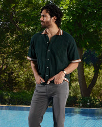 Green Jacquard Flat Knit Half-Sleeve Shirt