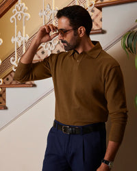 Signature Flat Knit Long Sleeve  Polo T-shirt - Brown