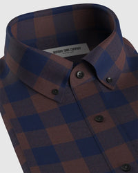 Stretch Cotton Twill Checked Shirt - Brown & Blue