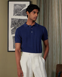 Signature Flat Knit Jacquard Button Polo - Ink Blue