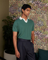 Signature Flat Knit Jacquard Johnny Polo - Forest Green