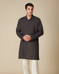 Dark Grey Cotton Linen Side Pleated Kurta