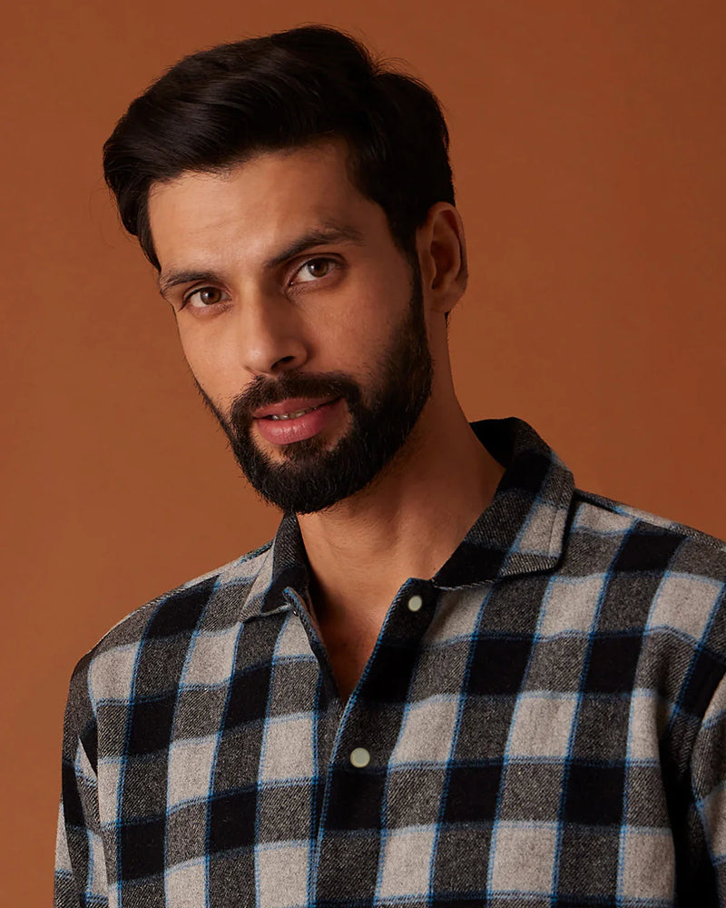 Japanese Grey & Black Blended Wool Flannel Checked Shirt