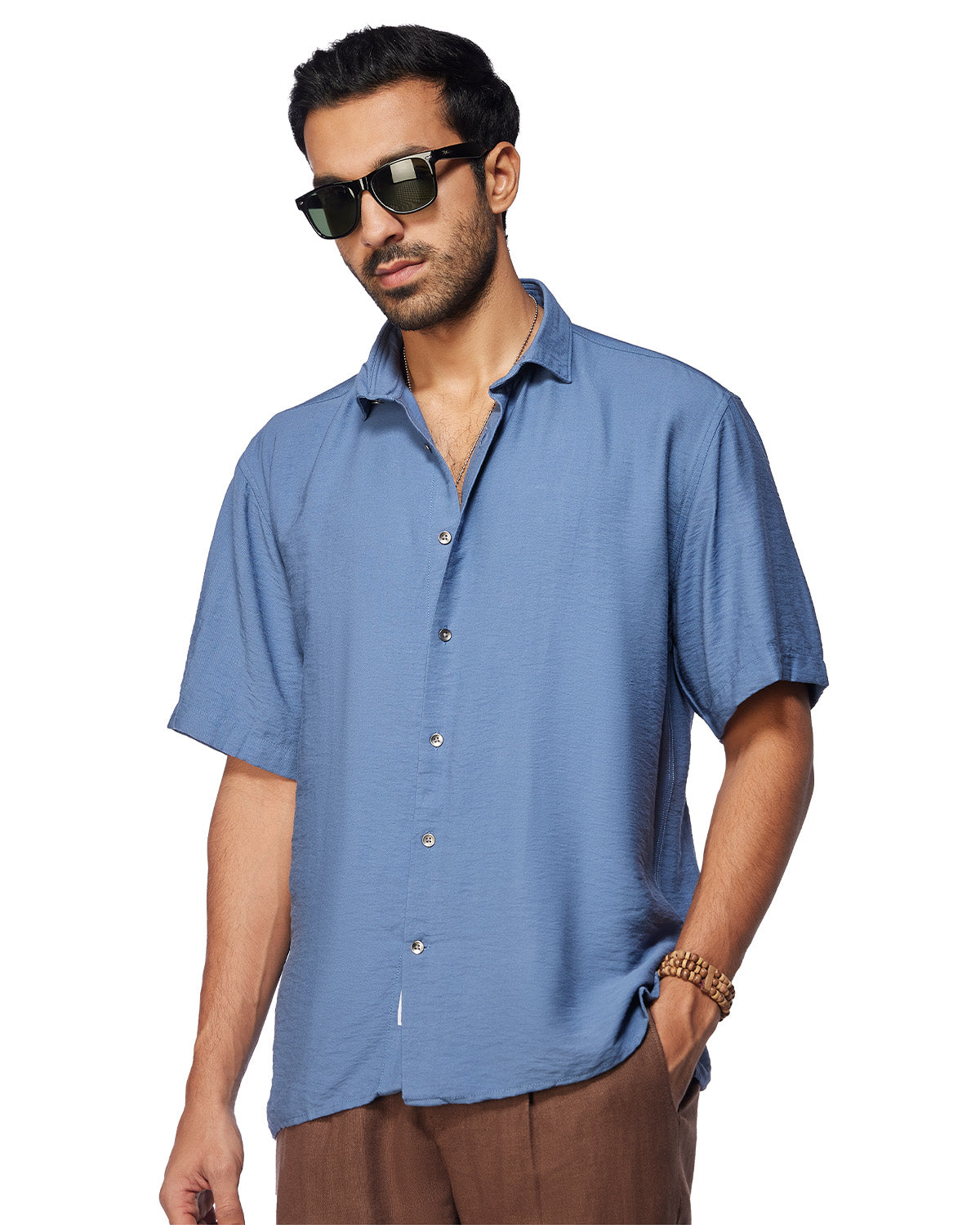 Blue Half-Sleeve Dobby Shirt