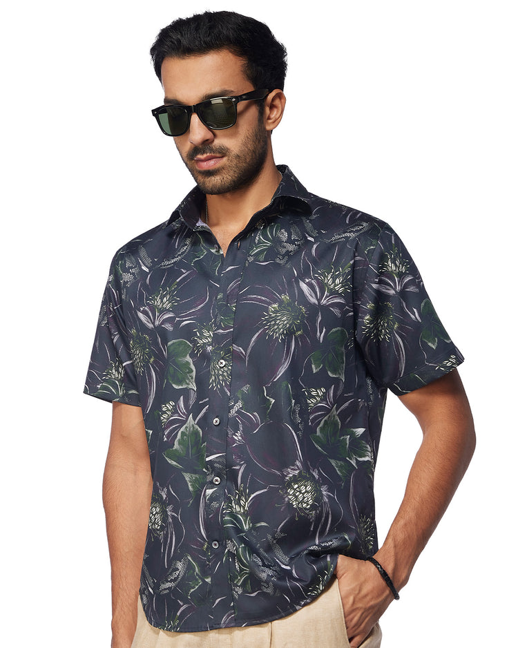 Purple & White Floral Printed Shirt