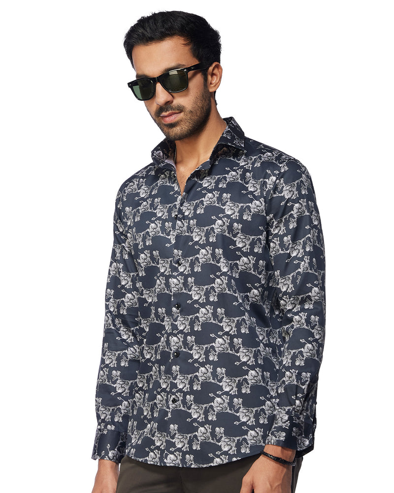 Grey & Black Floral Printed Shirt